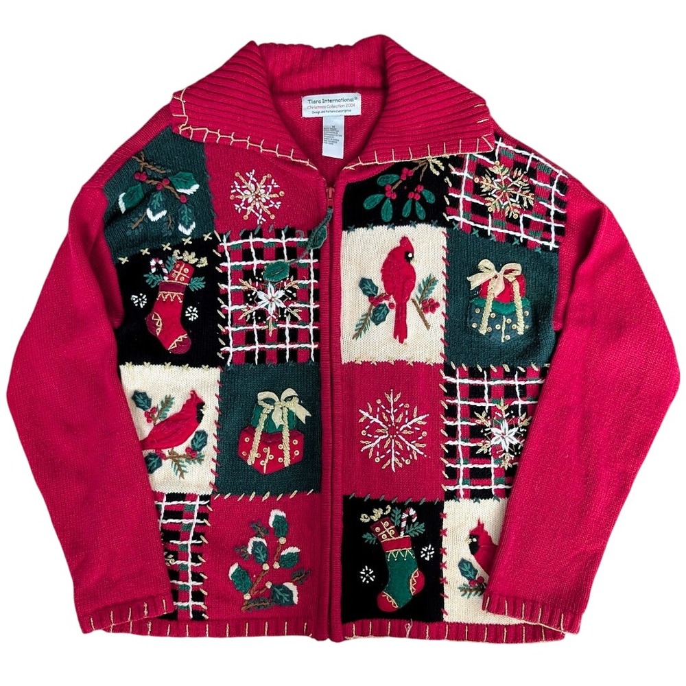 Vintage Tiara International Christmas Cardigan Sweater Medium Embroidered Beaded